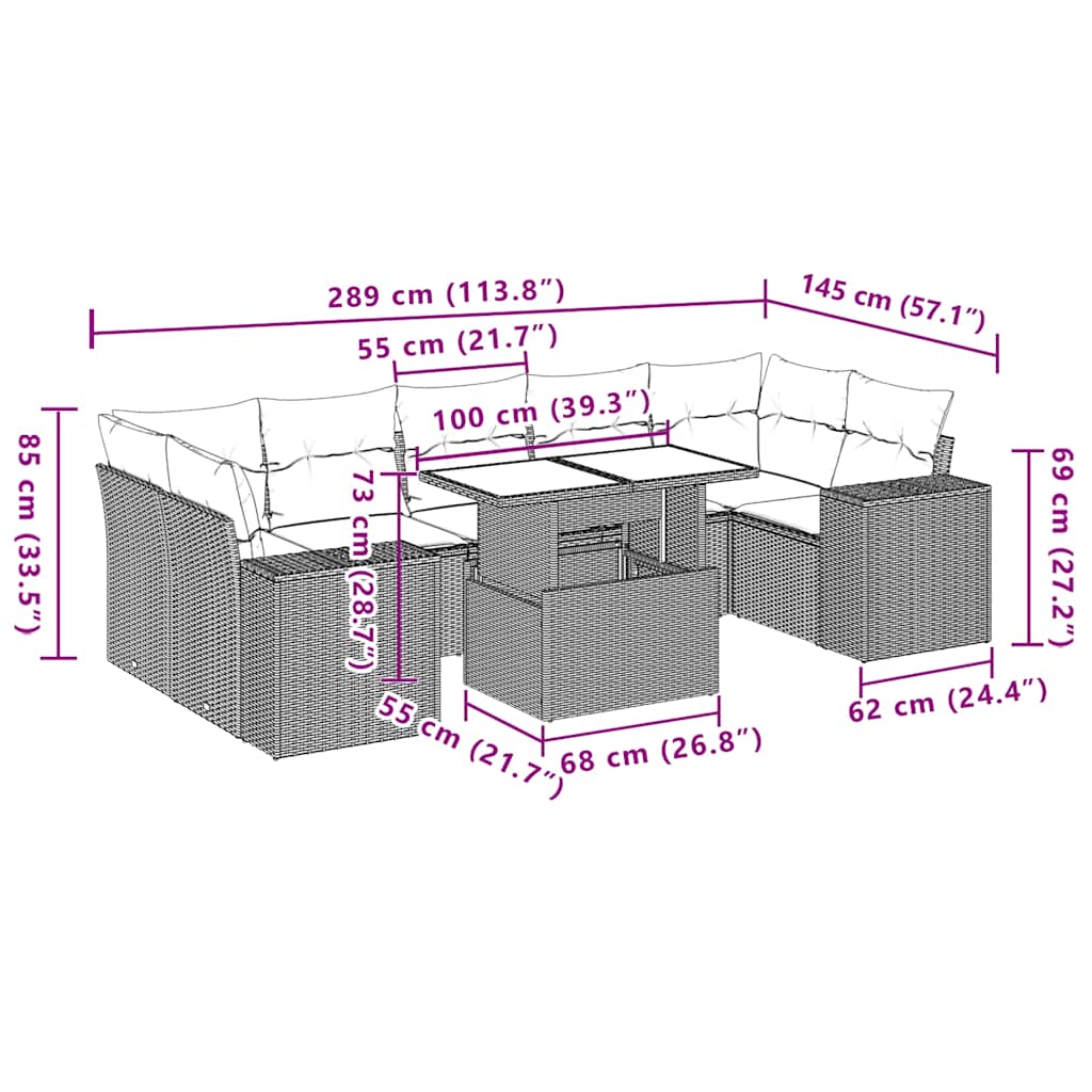 8-teiliges Gartensofa-Set mit Kissen, grau, Polyrattan