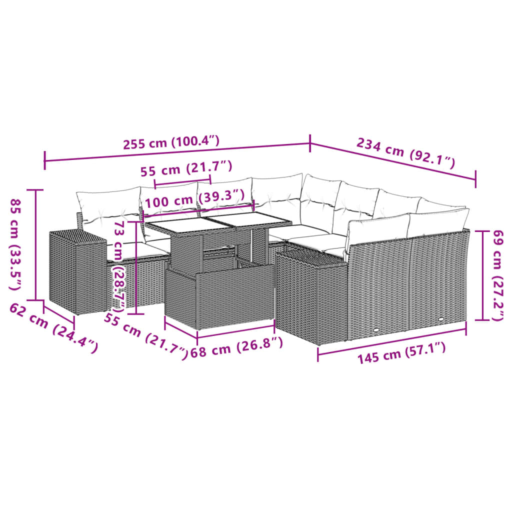 9-tlg. Garten-Sofagarnitur mit Kissen Braun Poly Rattan