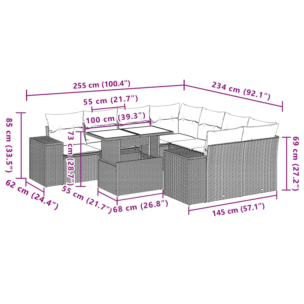 9-teiliges Gartensofa-Set mit Kissen, braun, Polyrattan