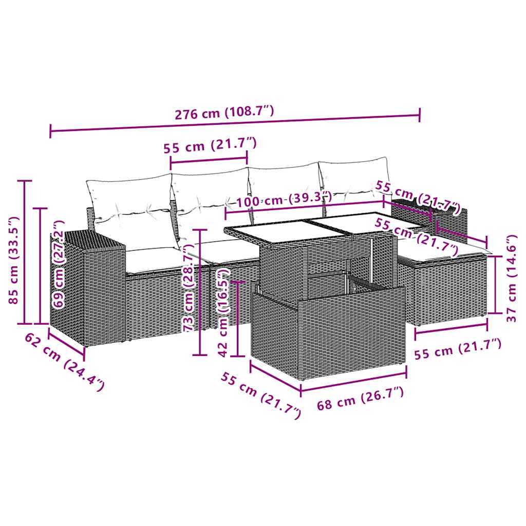 6-teiliges Gartensofa-Set mit Kissen, grau, Polyrattan