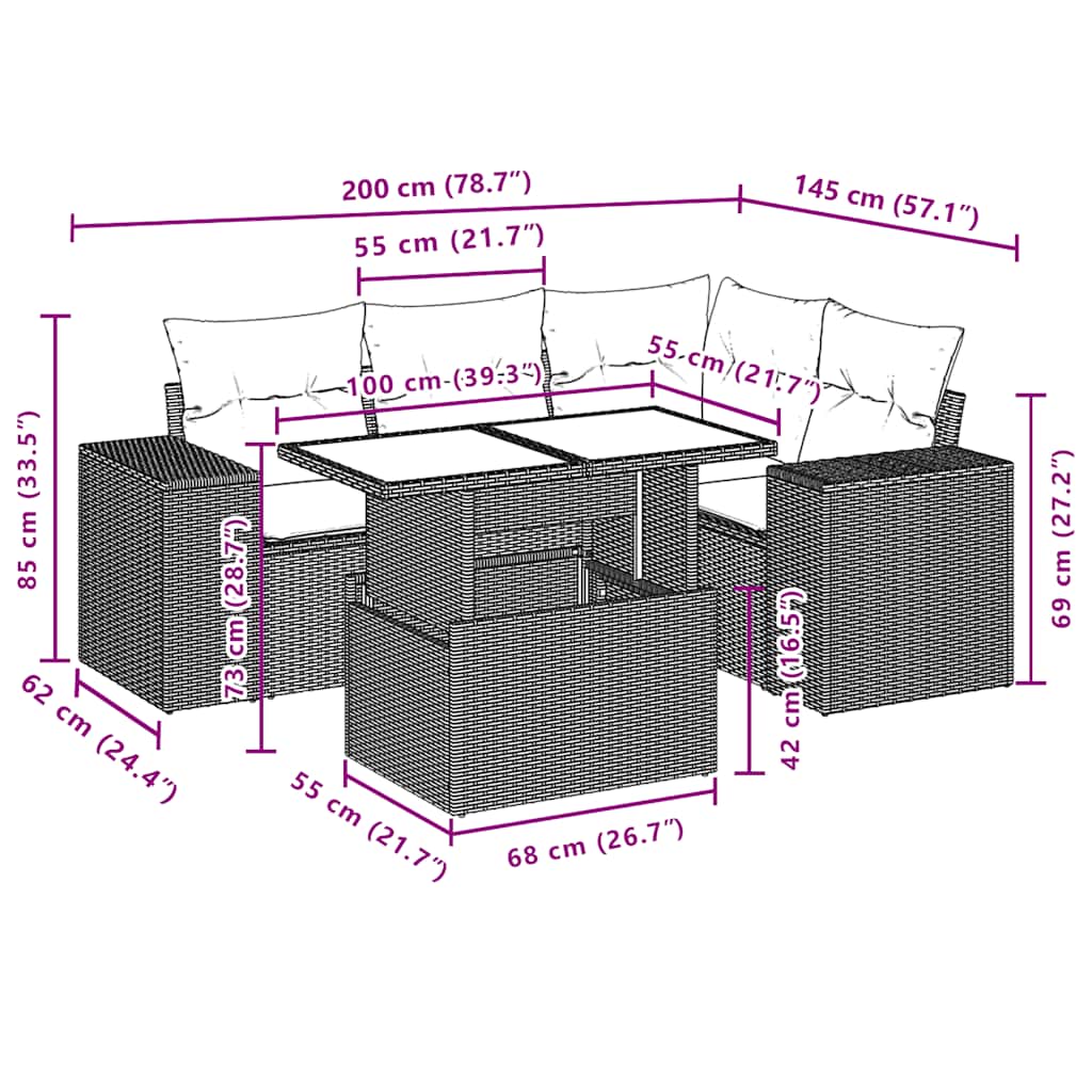 5-teiliges Gartensofa-Set mit Kissen, grau, Polyrattan