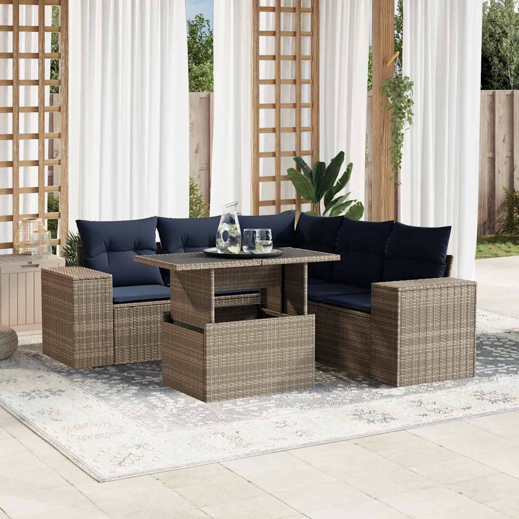 6-teiliges Gartensofa-Set mit Kissen, grau, Polyrattan