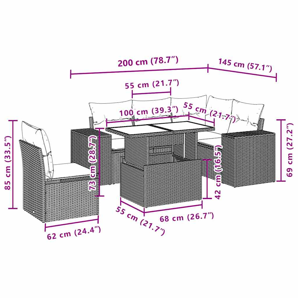 6-teiliges Gartensofa-Set mit Kissen, grau, Polyrattan