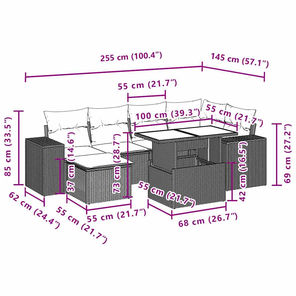 7-teiliges Gartensofa-Set mit Kissen, grau, Polyrattan