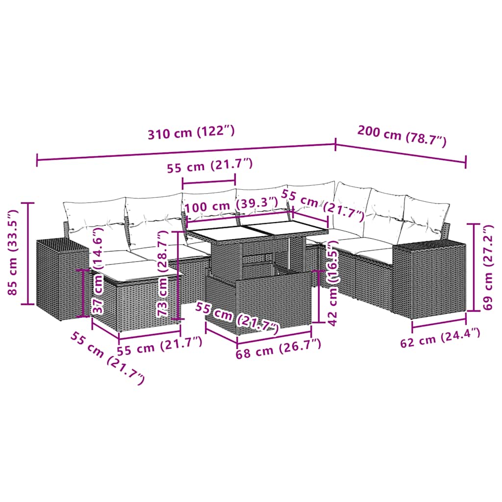 9-teiliges Gartensofa-Set mit Kissen, braun, Polyrattan