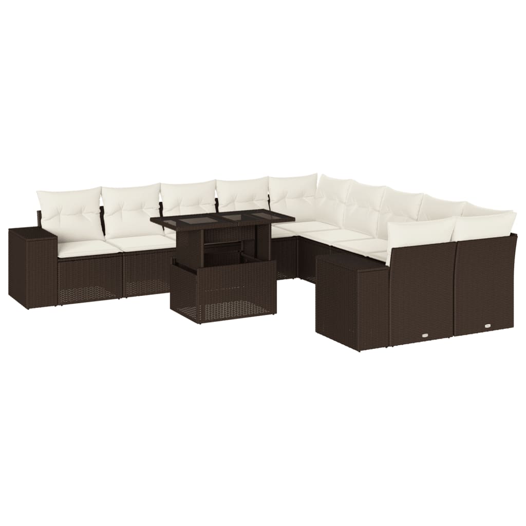 11-tlg. Garten-Sofagarnitur mit Kissen Braun Poly Rattan