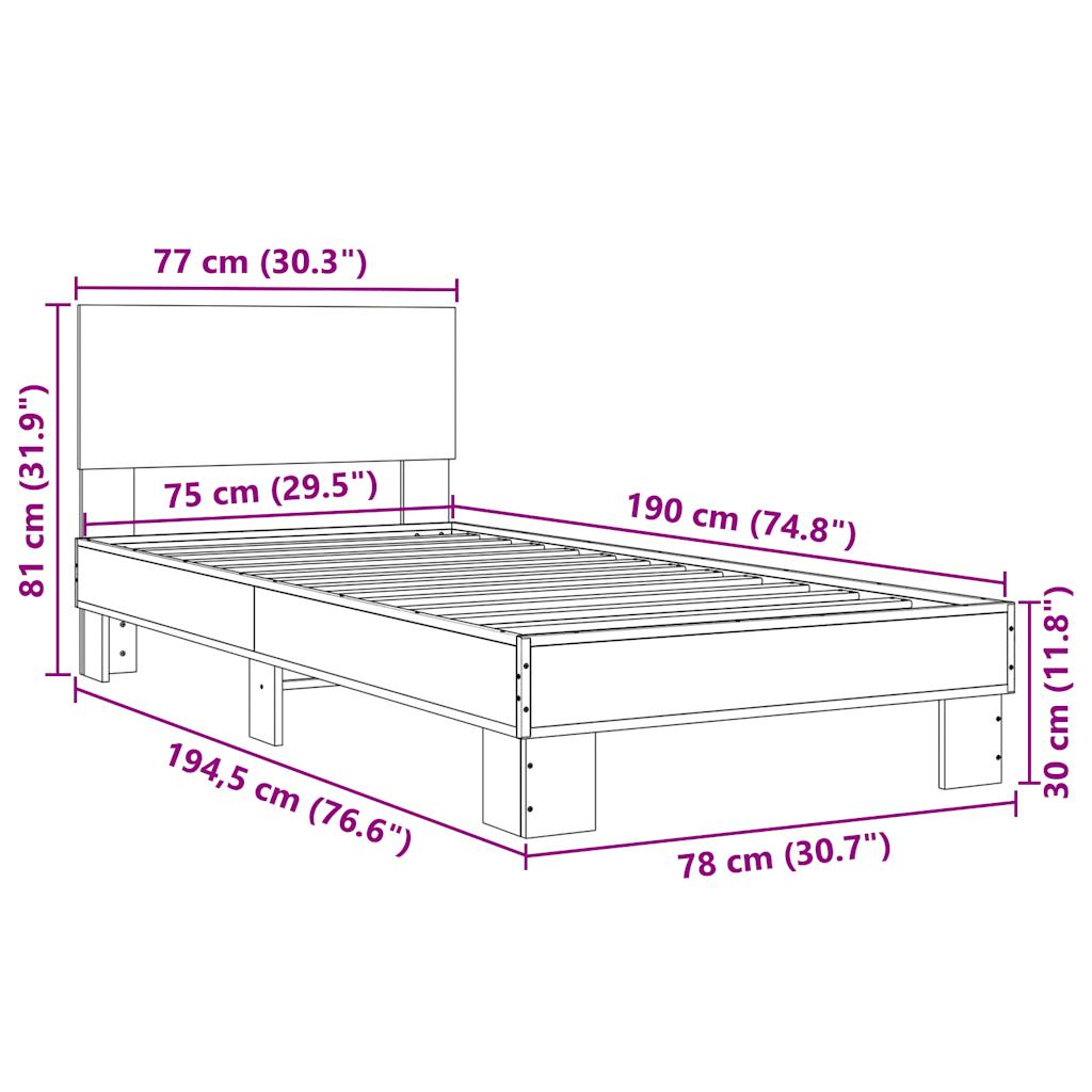 Bettgestell Räuchereiche 75x190 cm Holzwerkstoff und Metall
