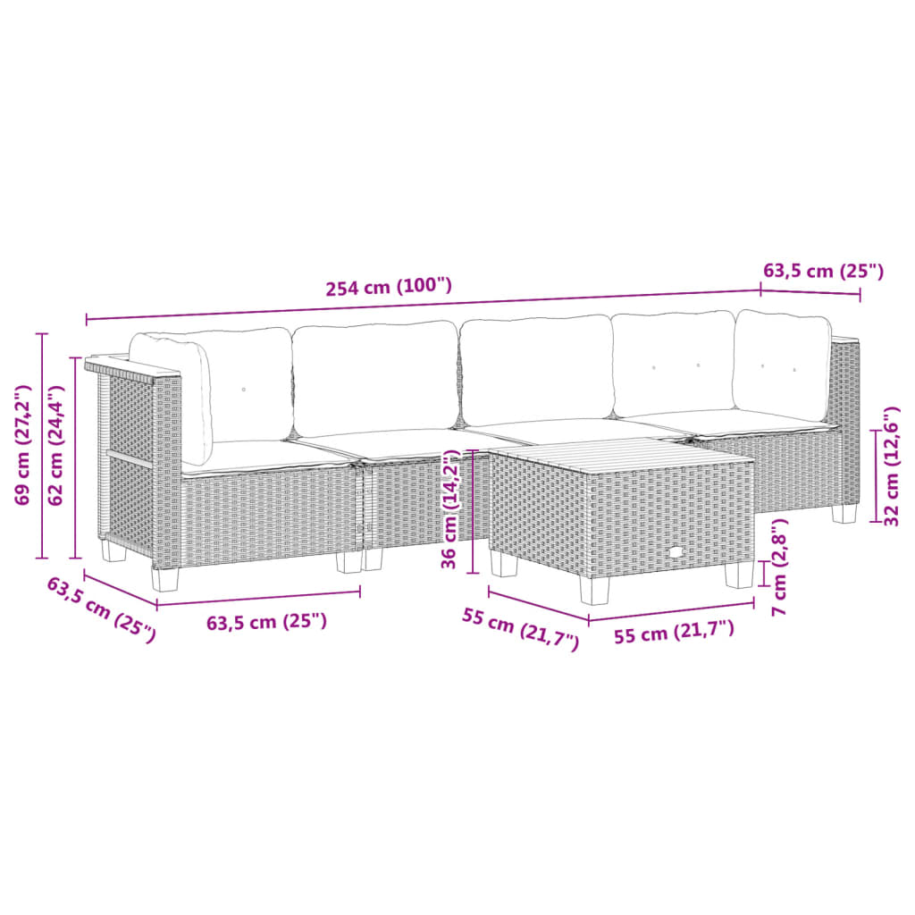5-tlg. Garten-Sofagarnitur mit Kissen Grau Poly Rattan