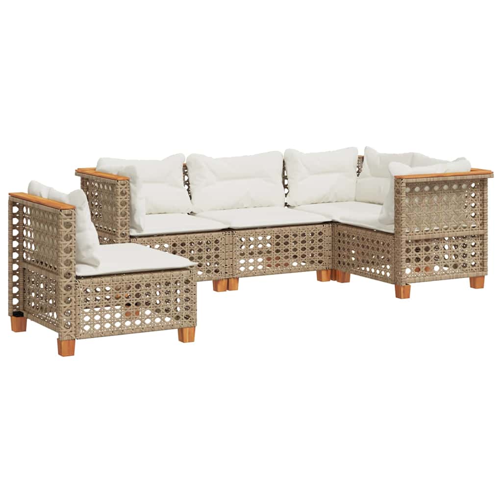 5-tlg. Garten-Sofagarnitur mit Kissen Beige Poly Rattan