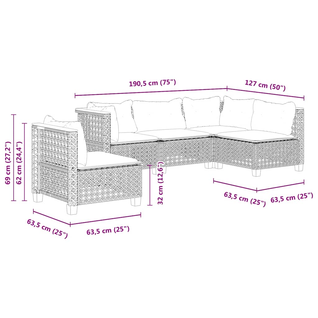 5-tlg. Garten-Sofagarnitur mit Kissen Beige Poly Rattan