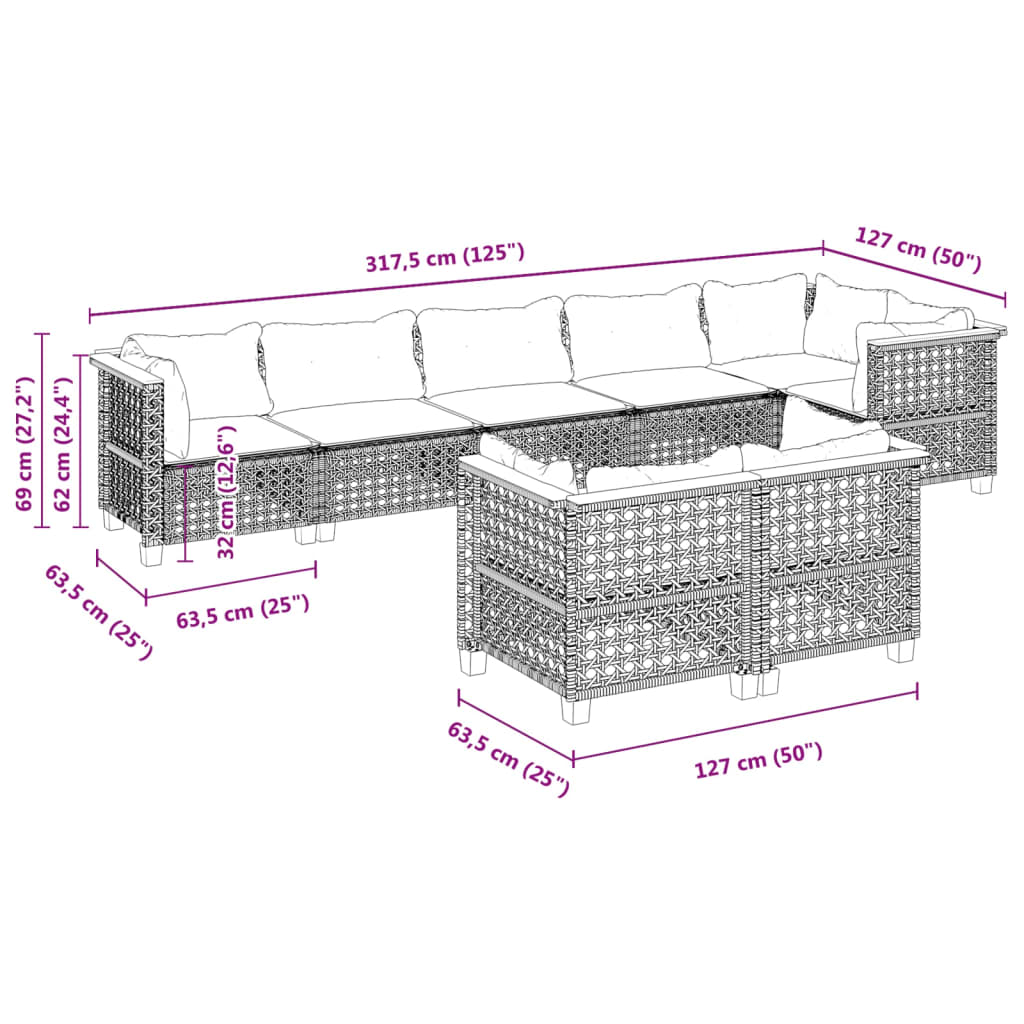 8-tlg. Garten-Sofagarnitur mit Kissen Schwarz Poly Rattan