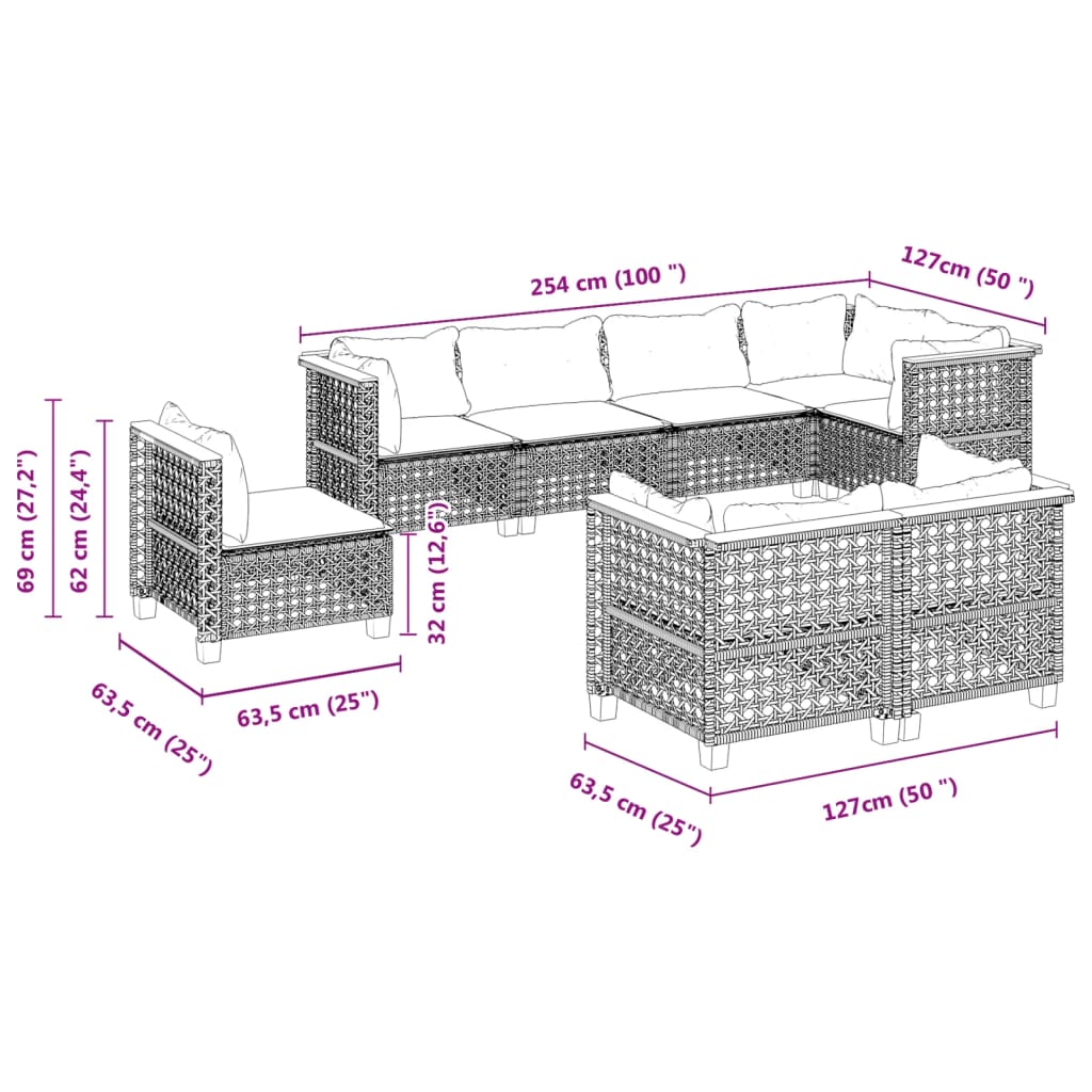 8-tlg. Garten-Sofagarnitur mit Kissen Schwarz Poly Rattan