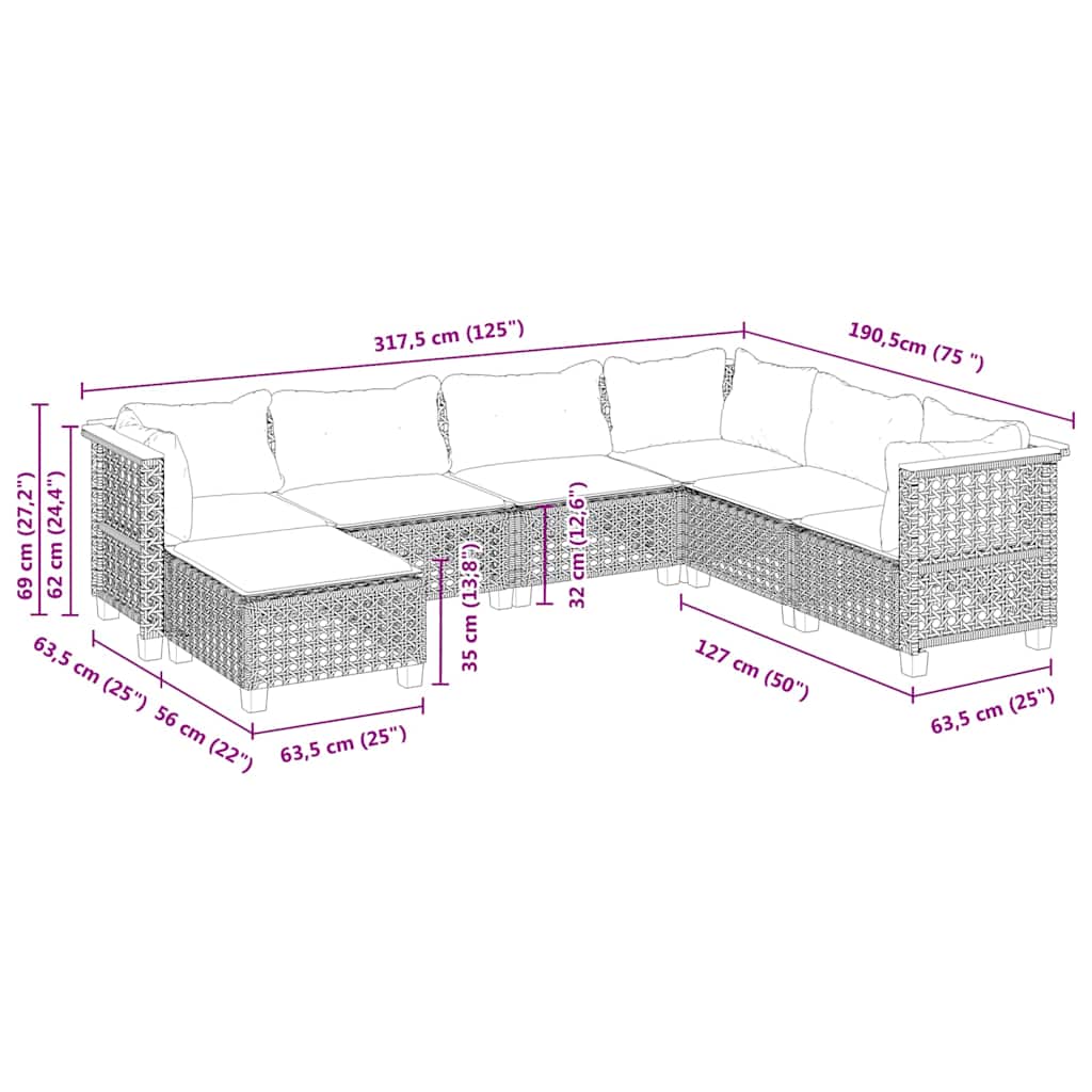 7-tlg. Garten-Sofagarnitur mit Kissen Beige Poly Rattan