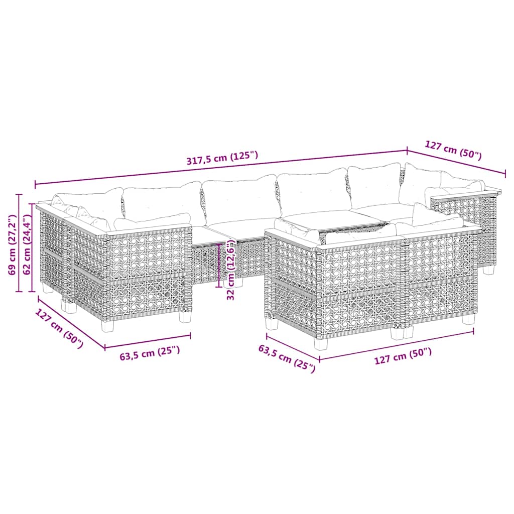 9-tlg. Garten-Sofagarnitur mit Kissen Beige Poly Rattan