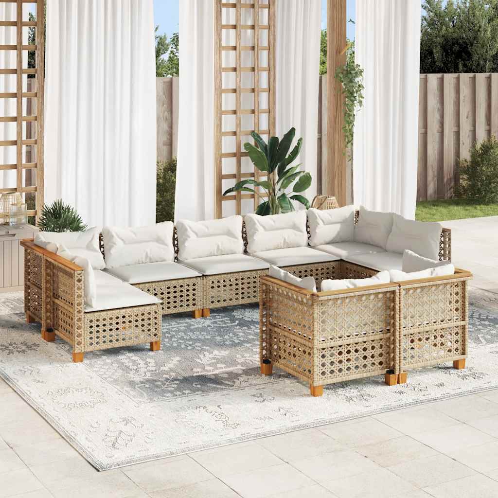 9-tlg. Garten-Sofagarnitur mit Kissen Beige Poly Rattan