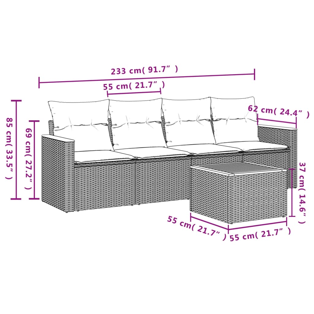 5-tlg. Garten-Sofagarnitur mit Kissen Beige Poly Rattan
