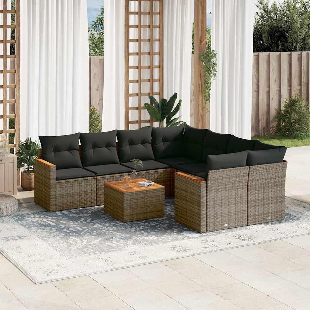 9-tlg. Garten-Sofagarnitur mit Kissen Grau Poly Rattan
