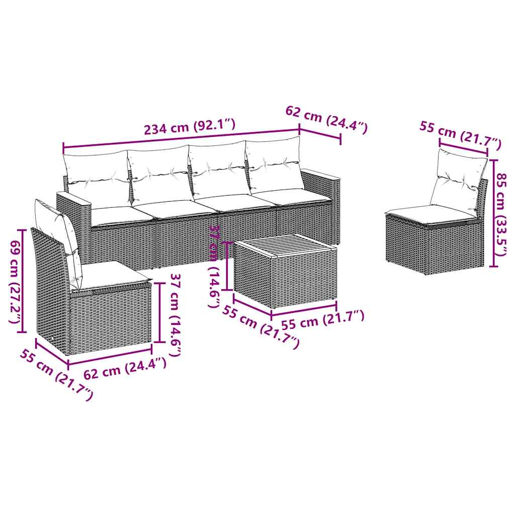 7-tlg. Garten-Sofagarnitur mit Kissen Schwarz Poly Rattan