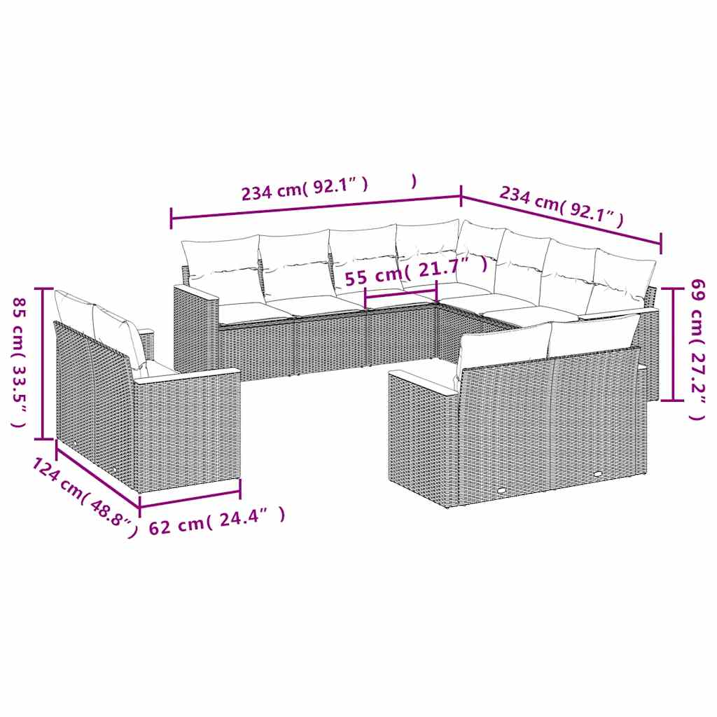 11-tlg. Garten-Sofagarnitur mit Kissen Schwarz Poly Rattan