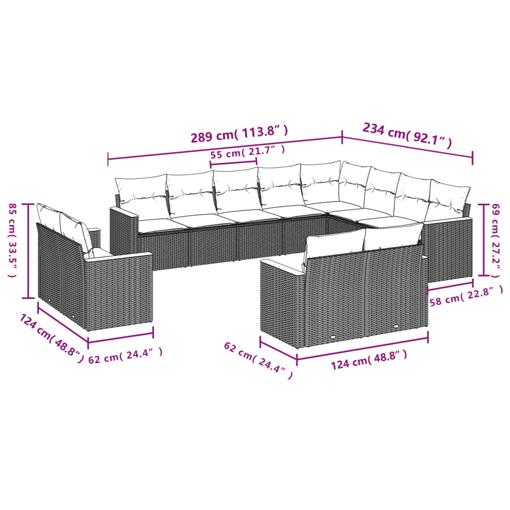 12-tlg. Garten-Sofagarnitur mit Kissen Grau Poly Rattan