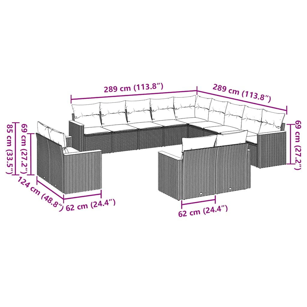 13-tlg. Garten-Sofagarnitur mit Kissen Schwarz Poly Rattan