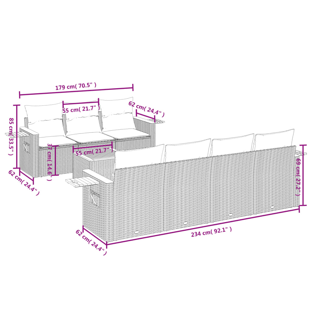 8-tlg. Garten-Sofagarnitur mit Kissen Beige Poly Rattan