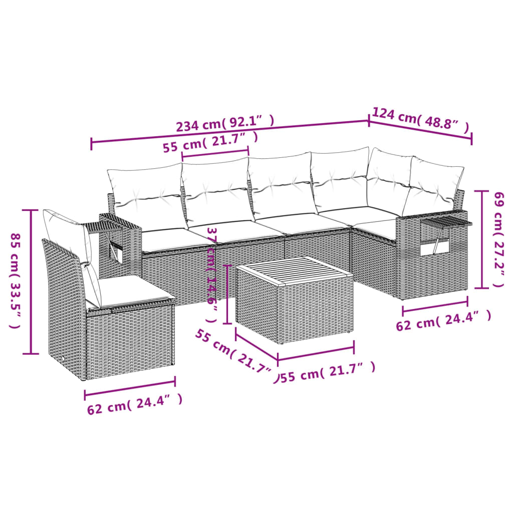 7-tlg. Garten-Sofagarnitur mit Kissen Schwarz Poly Rattan