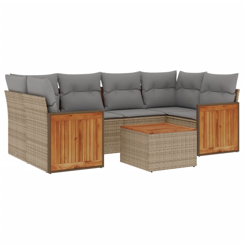 7-tlg. Garten-Sofagarnitur mit Kissen Beige Poly Rattan