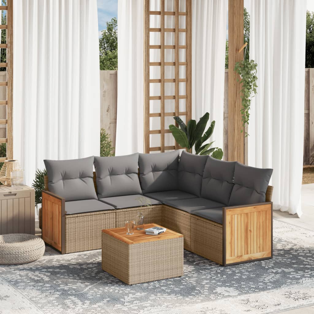 6-tlg. Garten-Sofagarnitur mit Kissen Beige Poly Rattan