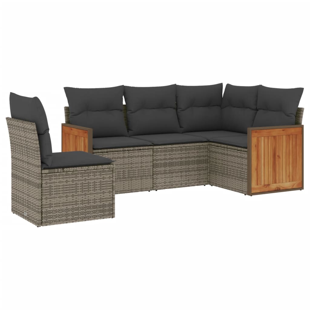 5-tlg. Garten-Sofagarnitur mit Kissen Grau Poly Rattan