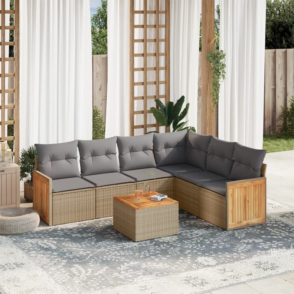 7-tlg. Garten-Sofagarnitur mit Kissen Beige Poly Rattan