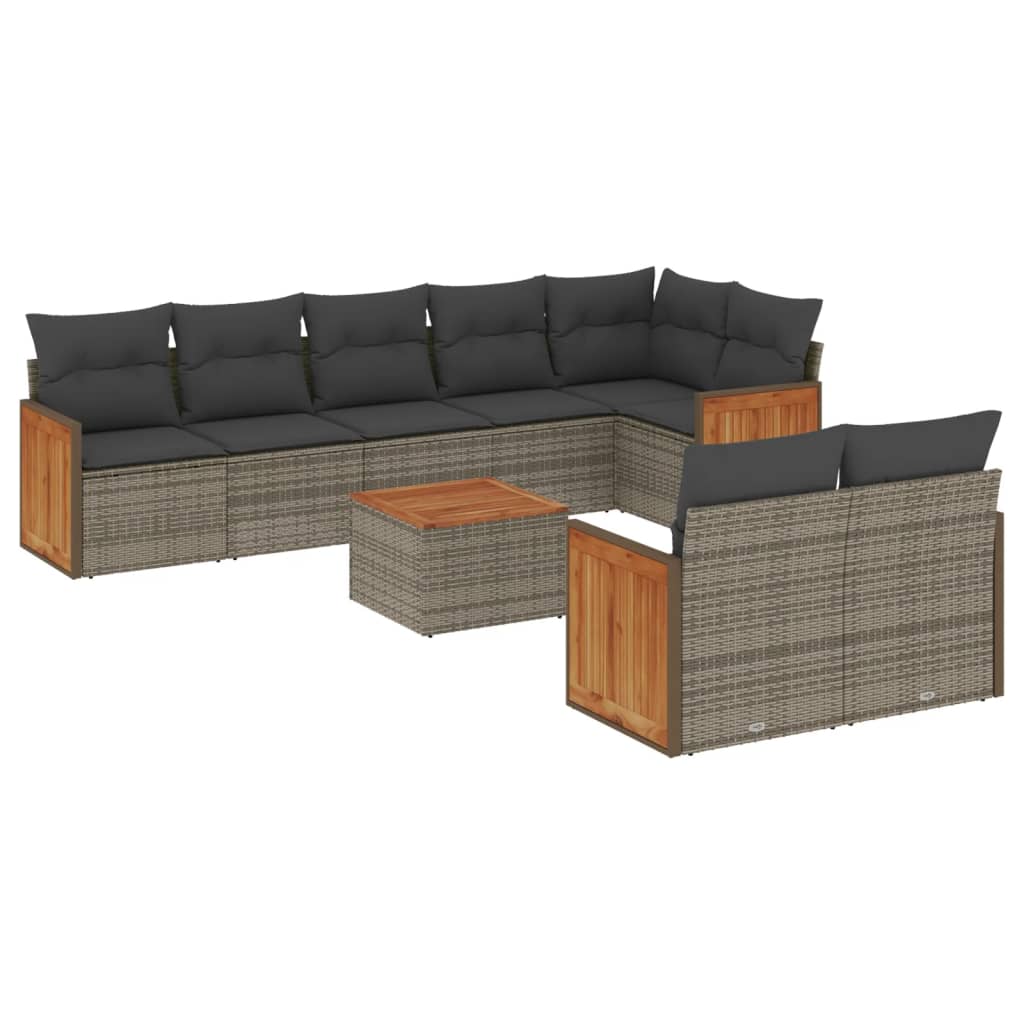 9-tlg. Garten-Sofagarnitur mit Kissen Grau Poly Rattan