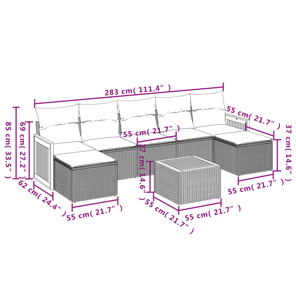 8-tlg. Garten-Sofagarnitur mit Kissen Beige Poly Rattan