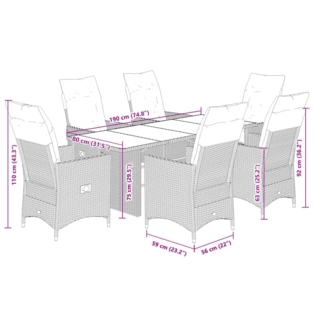 7-tlg. Garten-Essgruppe mit Kissen Grau Poly Rattan