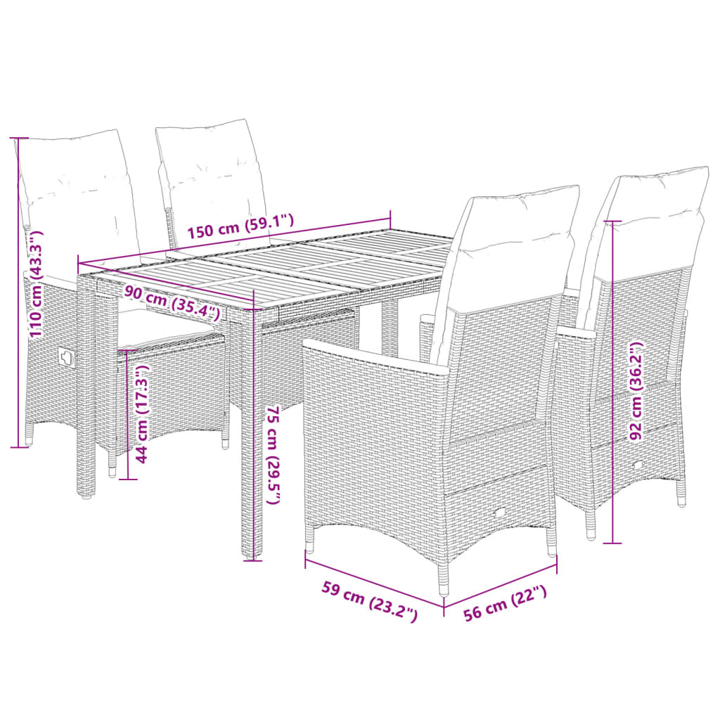 5-tlg. Garten-Essgruppe mit Kissen Schwarz Poly Rattan