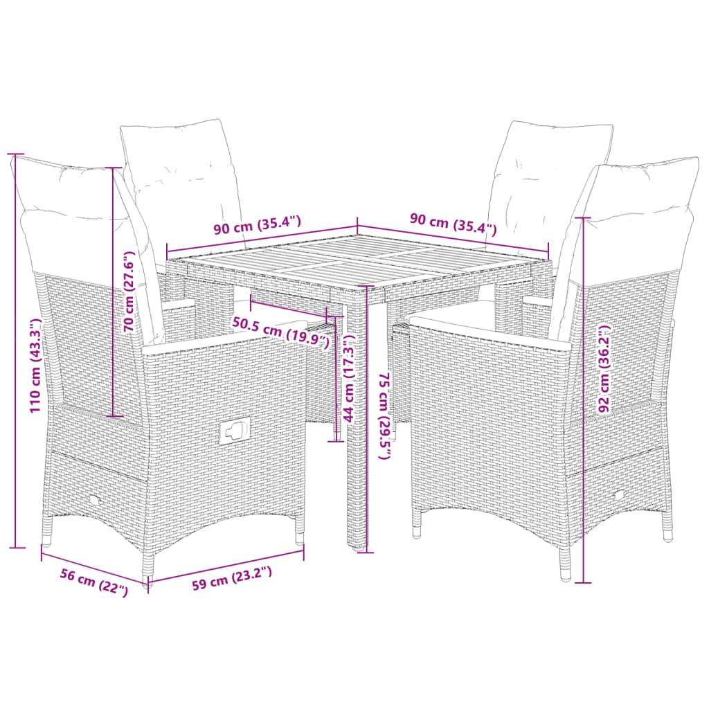 5-tlg. Garten-Essgruppe mit Kissen Grau Poly Rattan
