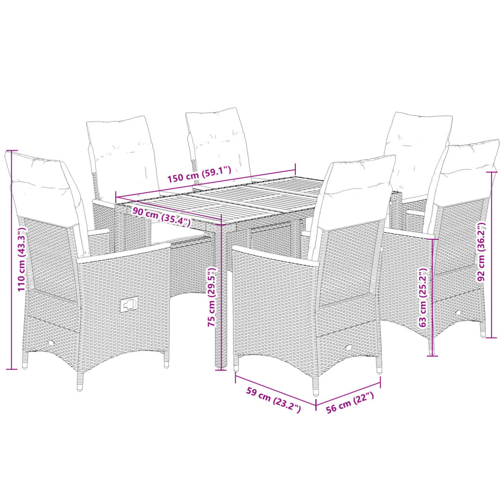 7-tlg. Garten-Essgruppe mit Kissen Grau Poly Rattan