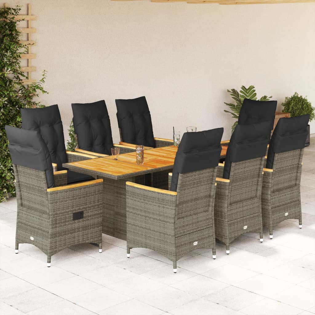 9-tlg. Garten-Essgruppe mit Kissen Grau Poly Rattan