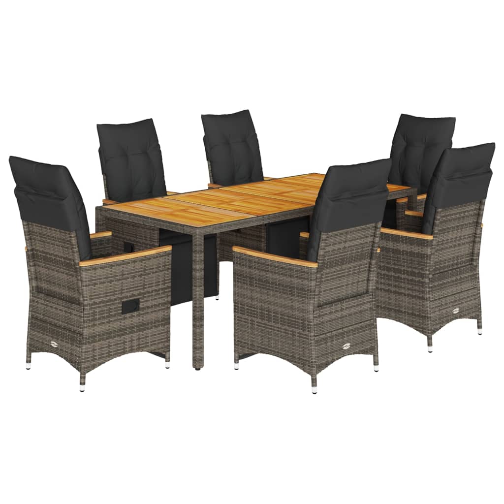 7-tlg. Garten-Bistro-Set mit Kissen Grau Poly Rattan