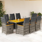 9-tlg. Garten-Bistro-Set mit Kissen Grau Poly Rattan