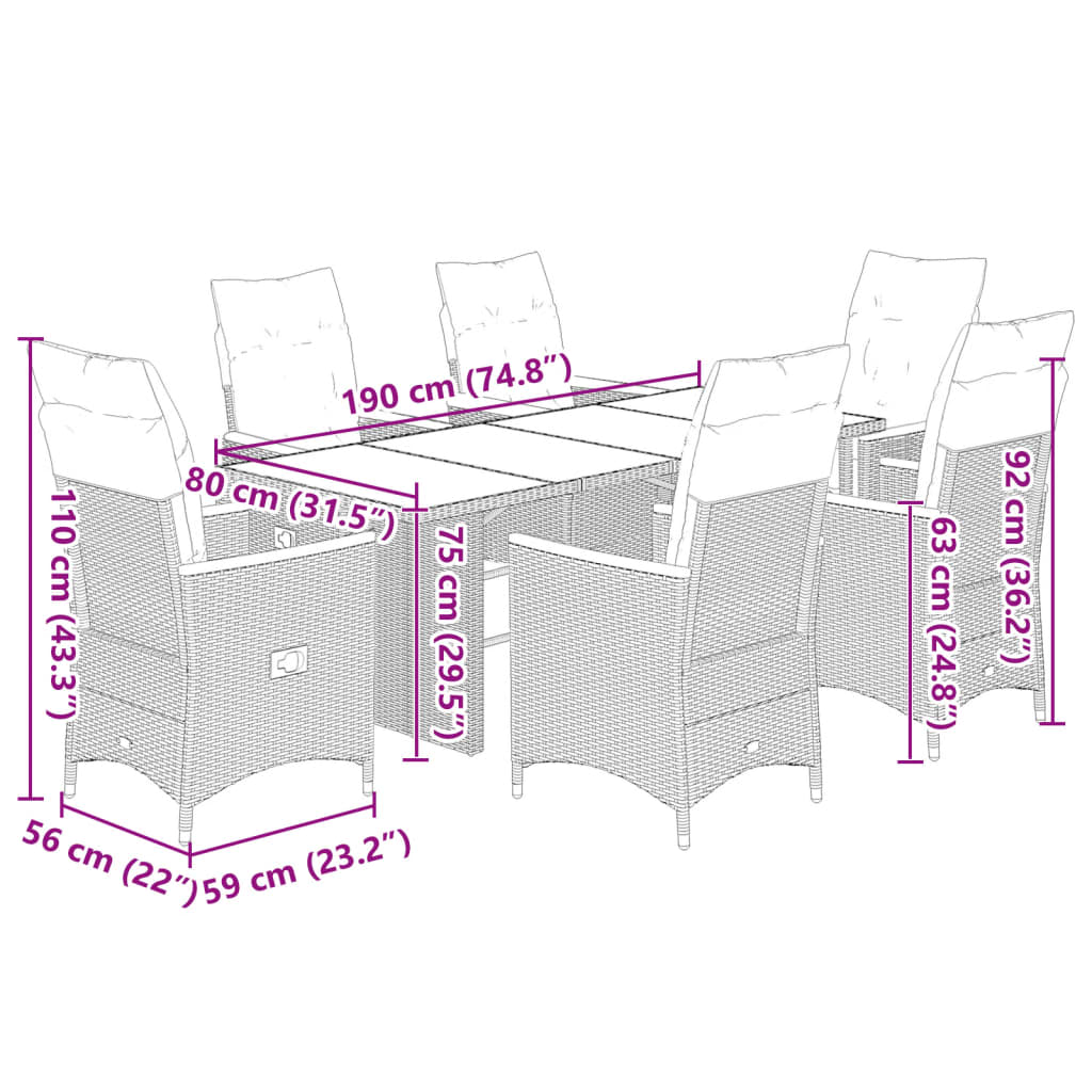 7-tlg. Garten-Bistro-Set mit Kissen Grau Poly Rattan