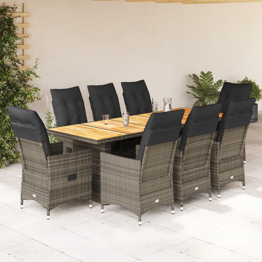 9-tlg. Garten-Bistro-Set mit Kissen Grau Poly Rattan
