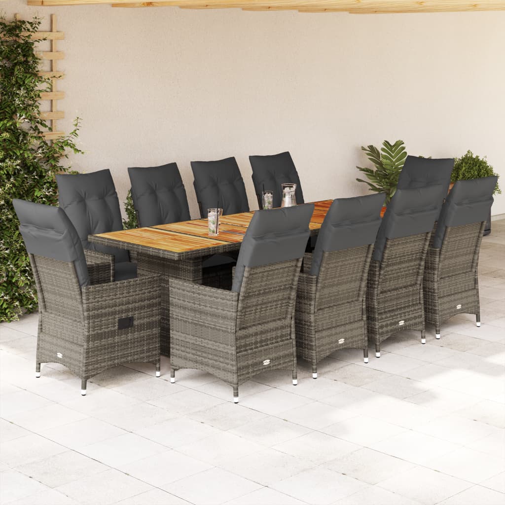 11-tlg. Garten-Bistro-Set mit Kissen Grau Poly Rattan
