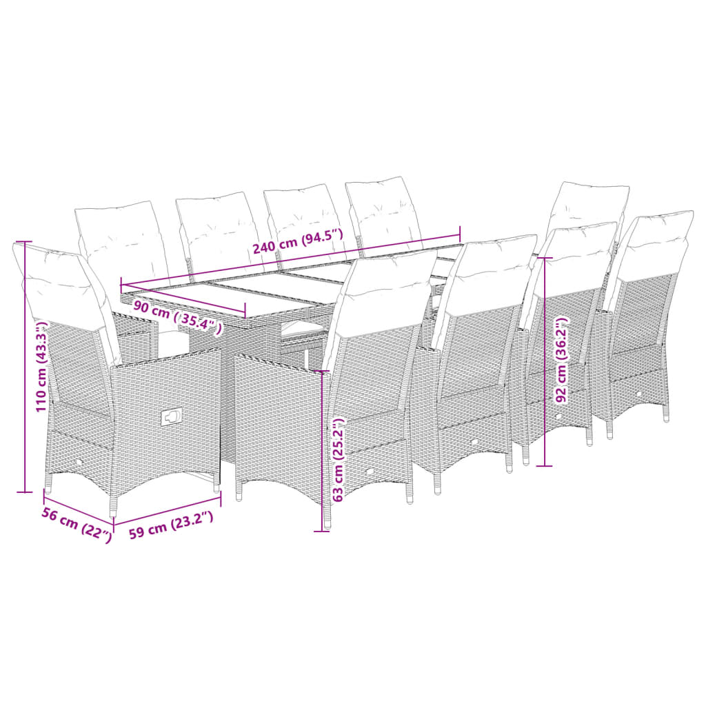 11-tlg. Garten-Bistro-Set mit Kissen Grau Poly Rattan