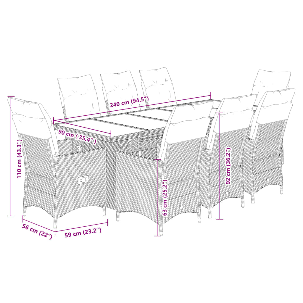 9-tlg. Garten-Bistro-Set mit Kissen Beige Poly Rattan