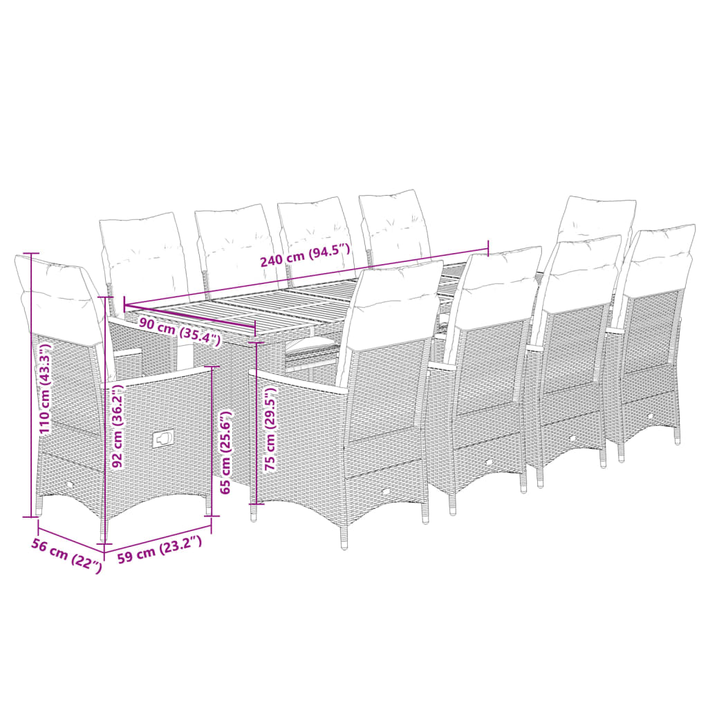 11-tlg. Garten-Bistro-Set mit Kissen Grau Poly Rattan
