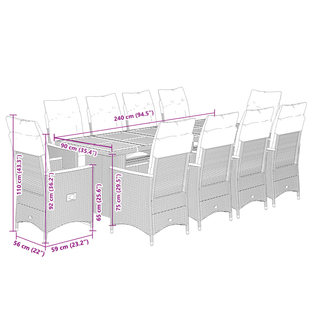 11-tlg. Garten-Bistro-Set mit Kissen Grau Poly Rattan