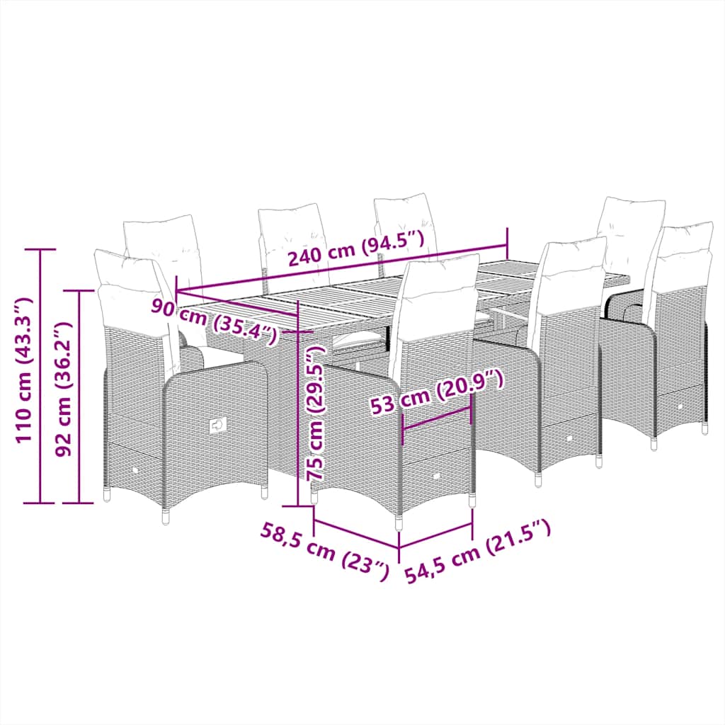 9-tlg. Garten-Bistro-Set mit Kissen Grau Poly Rattan