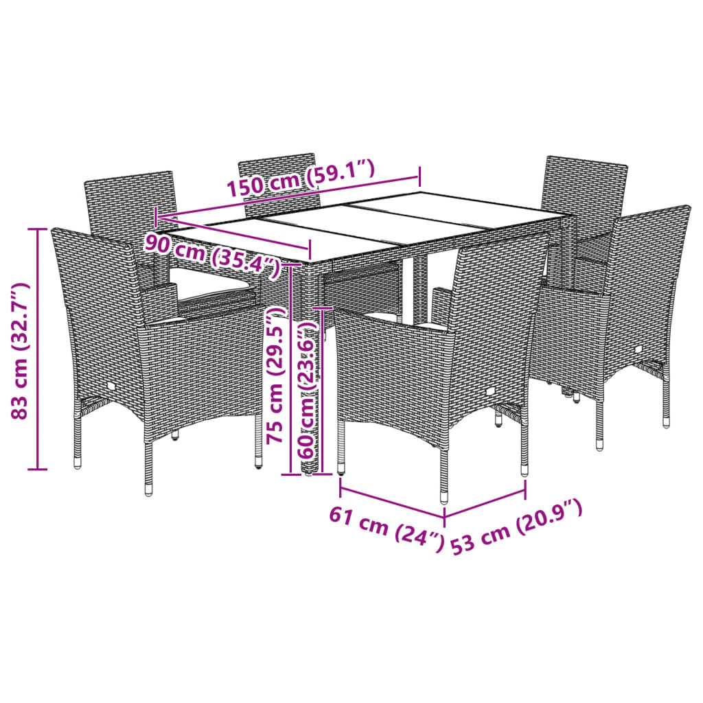 5-tlg. Garten-Essgruppe mit Kissen Schwarz Poly Rattan und Glas