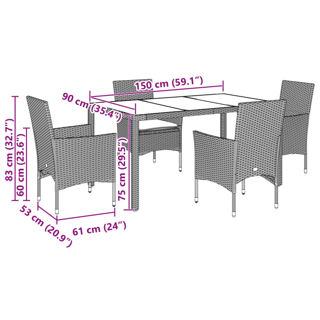 7-tlg. Garten-Essgruppe mit Kissen Schwarz Poly Rattan Glas